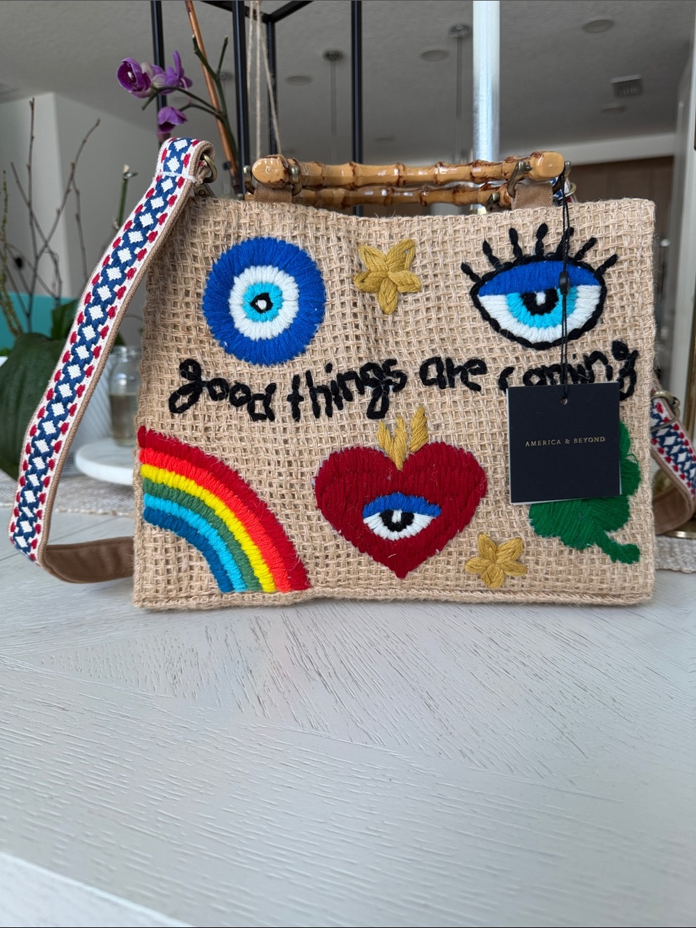 America & Beyond Good Things Are Coming Jute Tote NWT Bamboo Handle